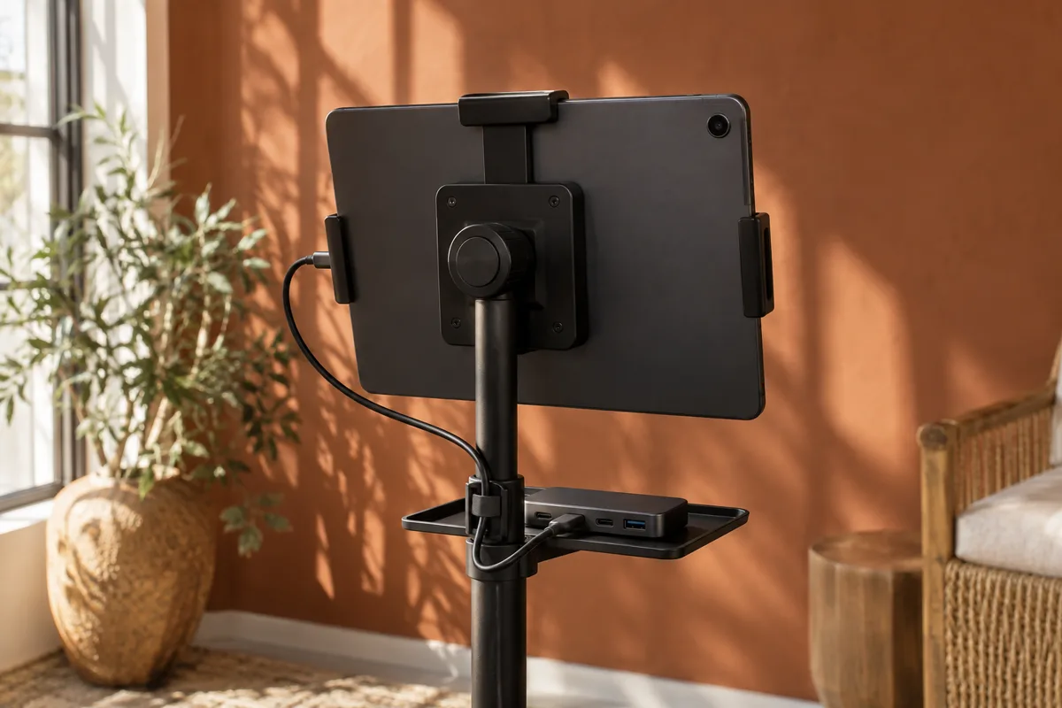 A tablet booth stand with a powered USB-C hub
