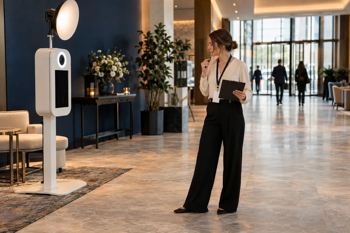 A coordinator checking booth placement in a conference lobby