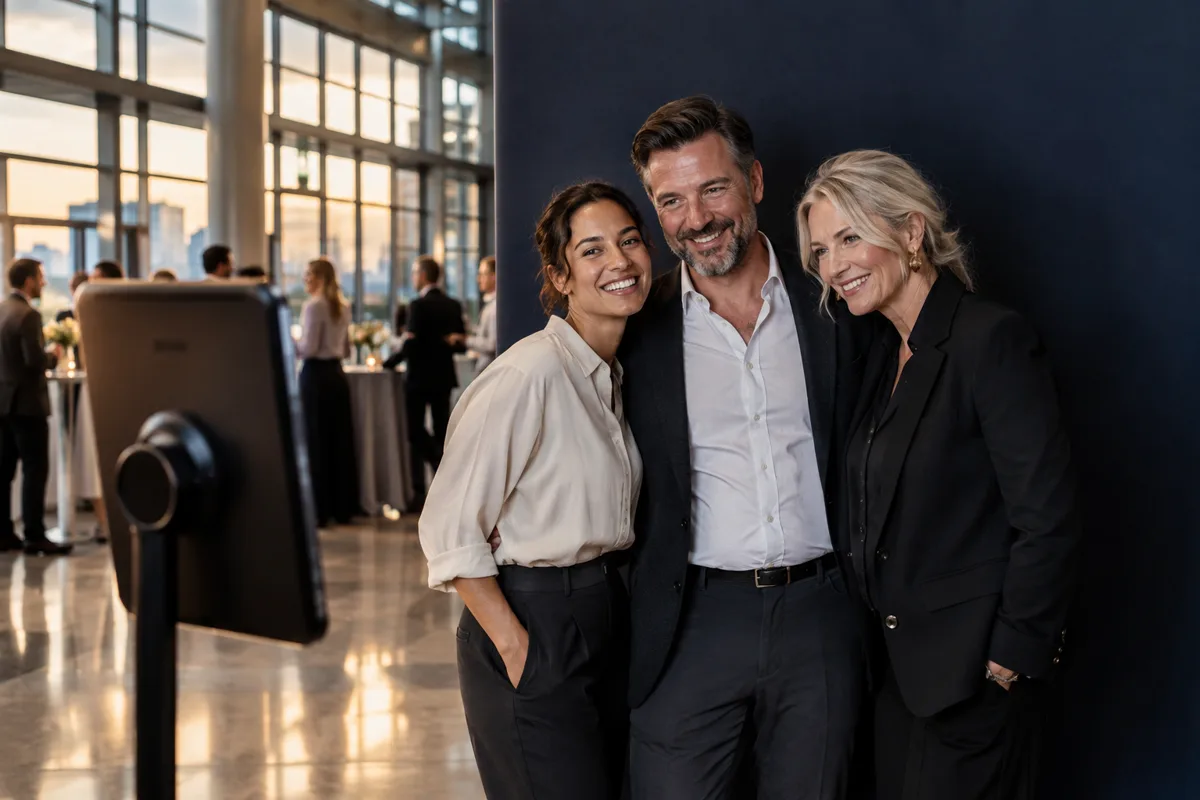 Colleagues posing at a conference photo booth