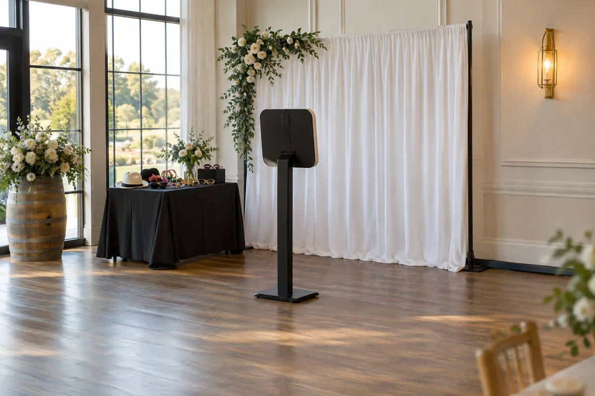 An empty booth area with clear space for guests