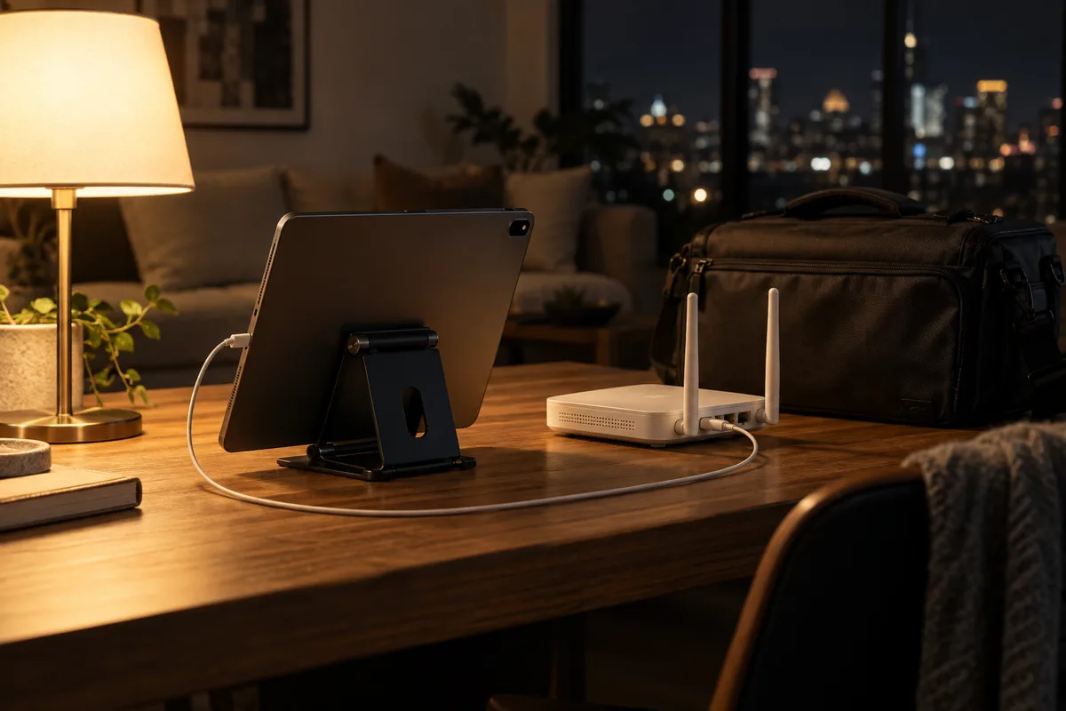 A tablet charging beside a router after an event