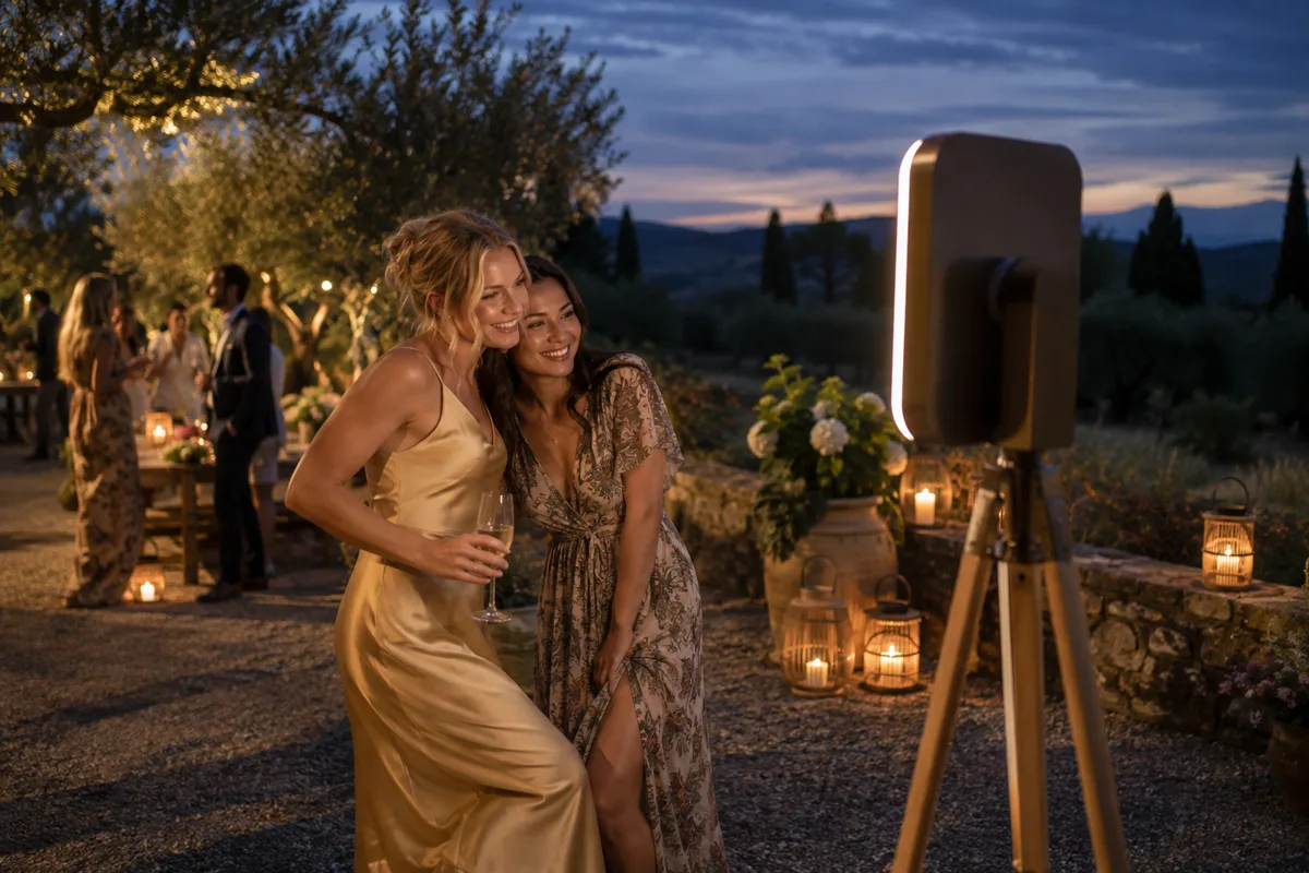 Friends using a tablet booth at an outdoor evening party