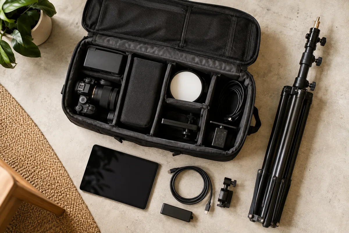 Equipment laid out to review the full booth budget