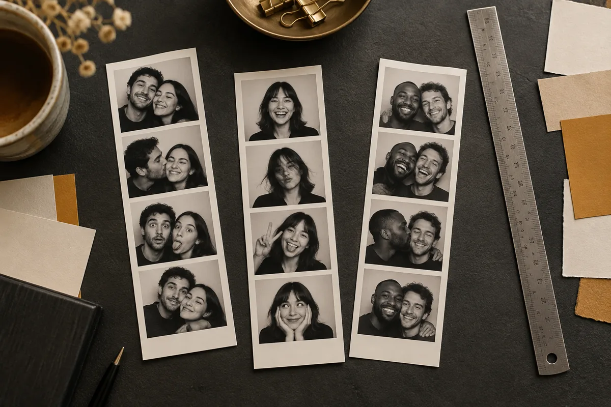 Photo strips and paper swatches arranged to compare layouts