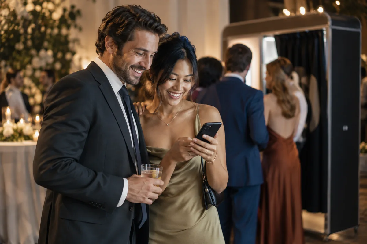 Guests checking their photo together on a phone