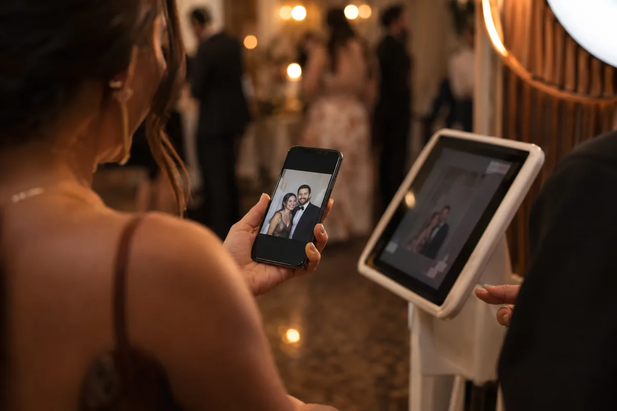 A guest collecting a booth photo on their phone