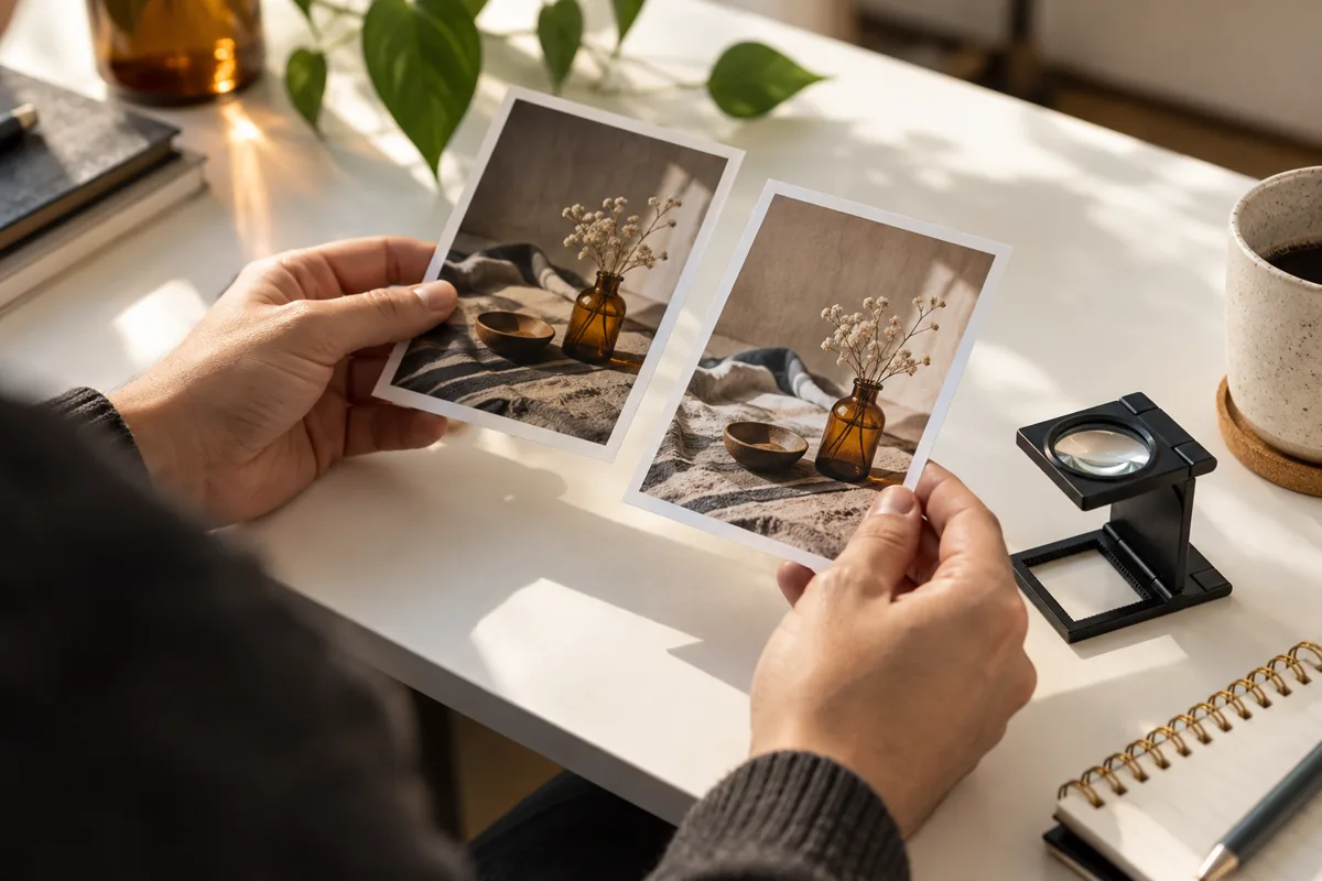 Comparing saved sample photos on a desk