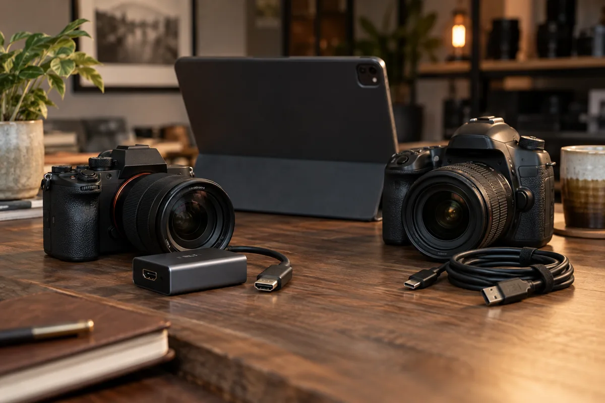 Two cameras and different connection accessories arranged for comparison
