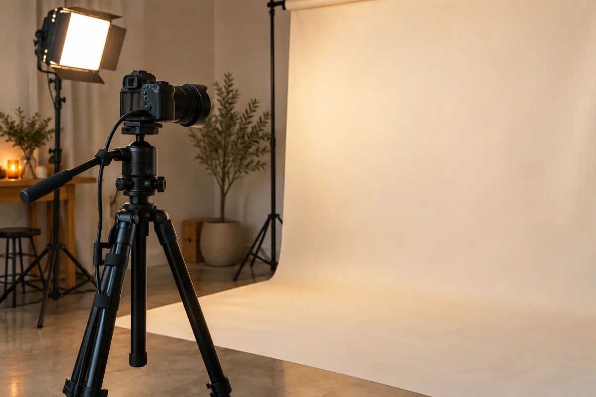 A camera and continuous light prepared for a booth