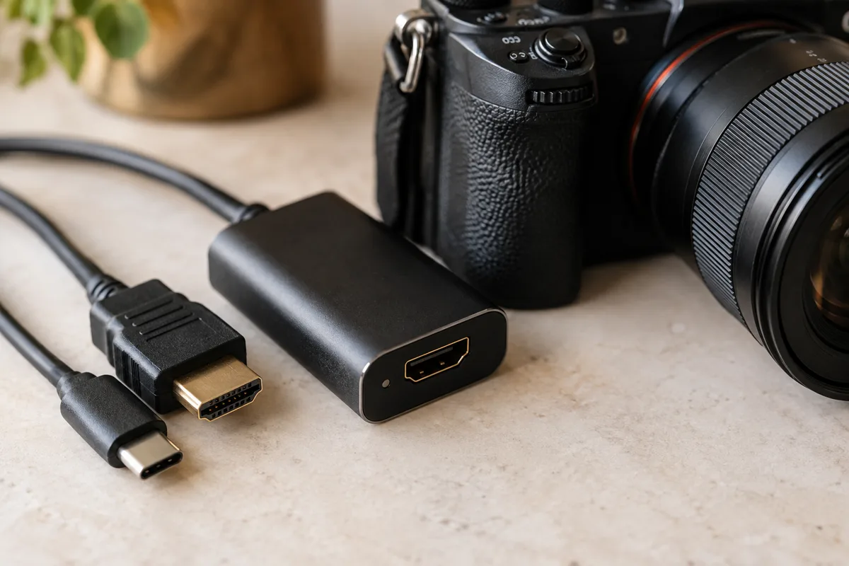Camera and HDMI capture accessories in a close-up equipment study