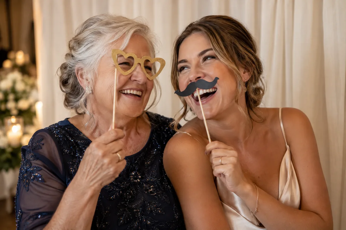 Two wedding guests enjoying simple photo props