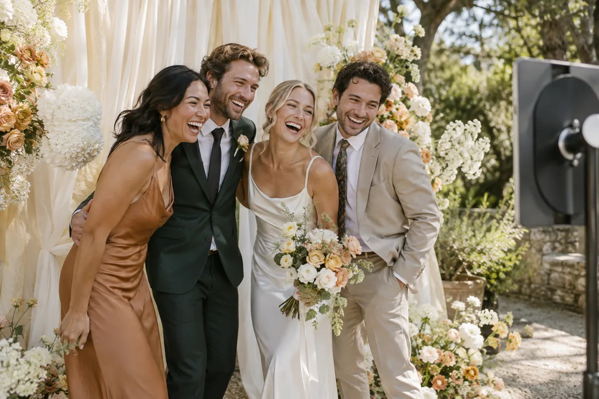 A wedding group posing against a floral photo booth backdrop