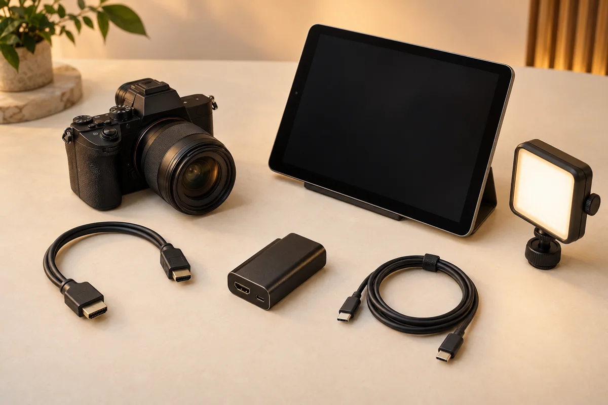 Camera, tablet, capture device and cables arranged for a booth setup