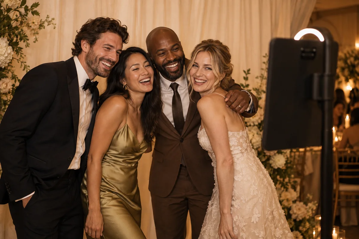 Wedding guests enjoying a tablet photo booth