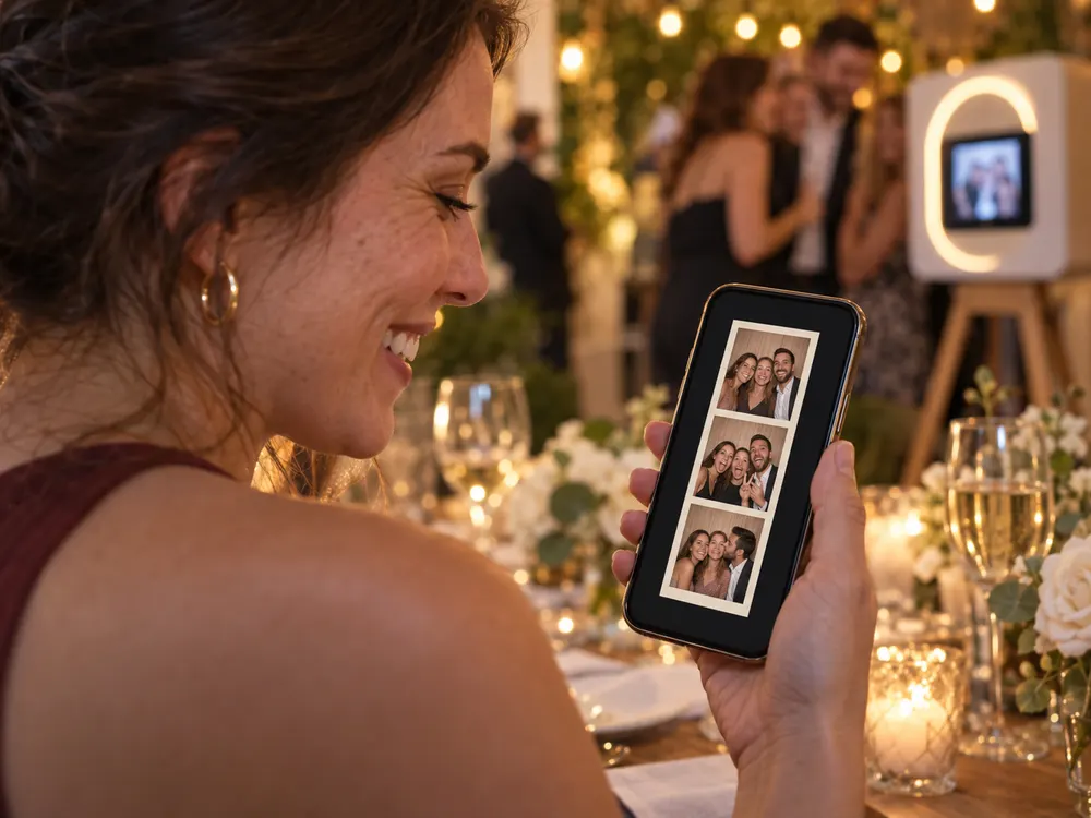 A guest at a reception smiling at her photo strip on her phone