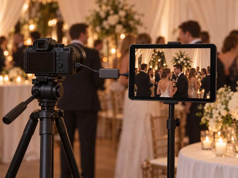 A mirrorless camera on a tripod wired to a tablet booth showing its live view at a wedding reception