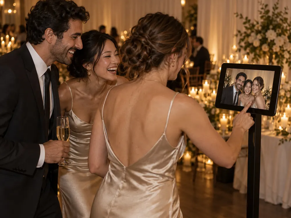 Wedding guests tapping the tablet booth to start their own session
